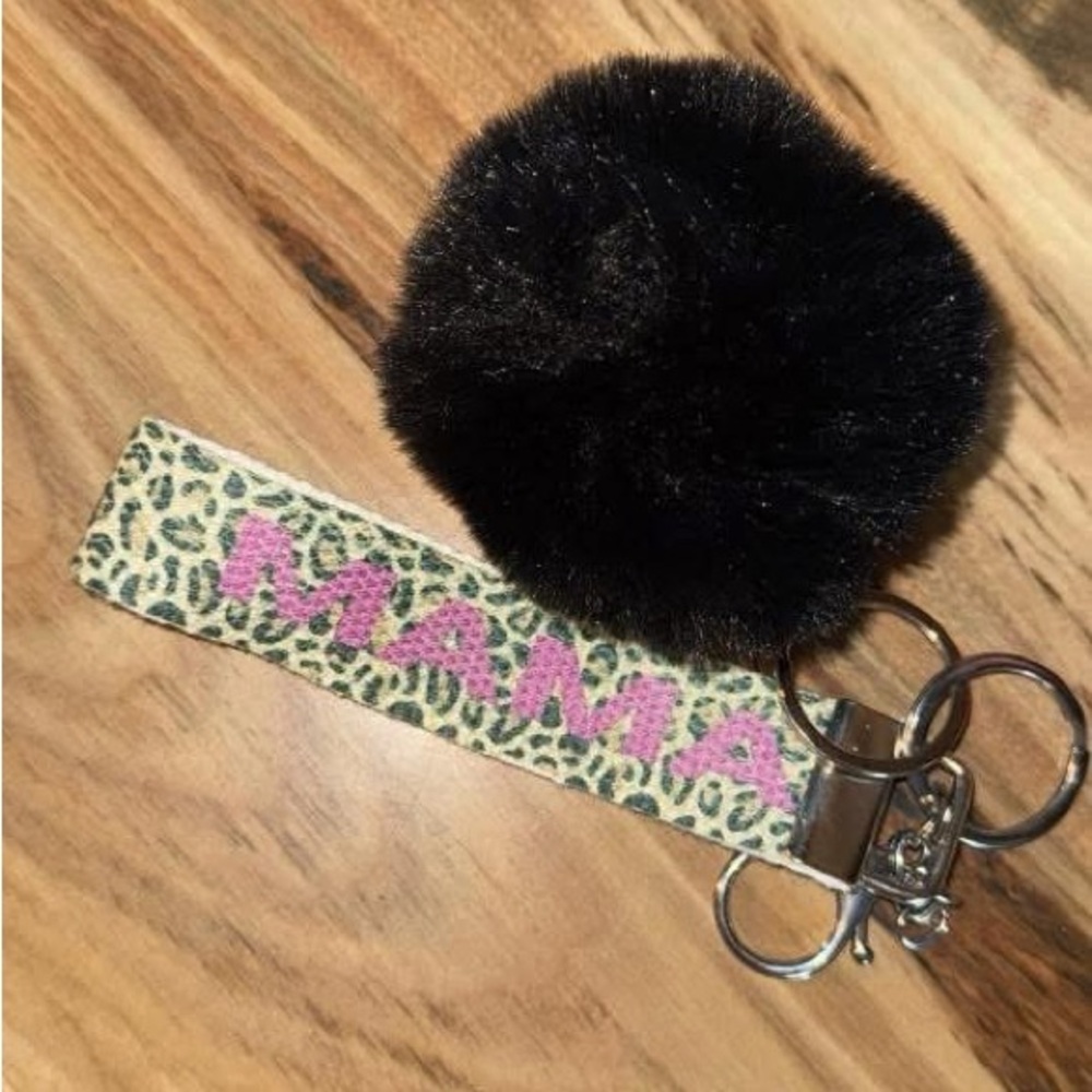 Black and Tan Key & Card Holder with Pom Pom